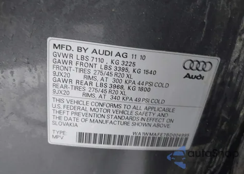 2011 Audi Q7 3.0 Tdi Premium from USA, damaged, VIN WA1WMAFE7BD004995